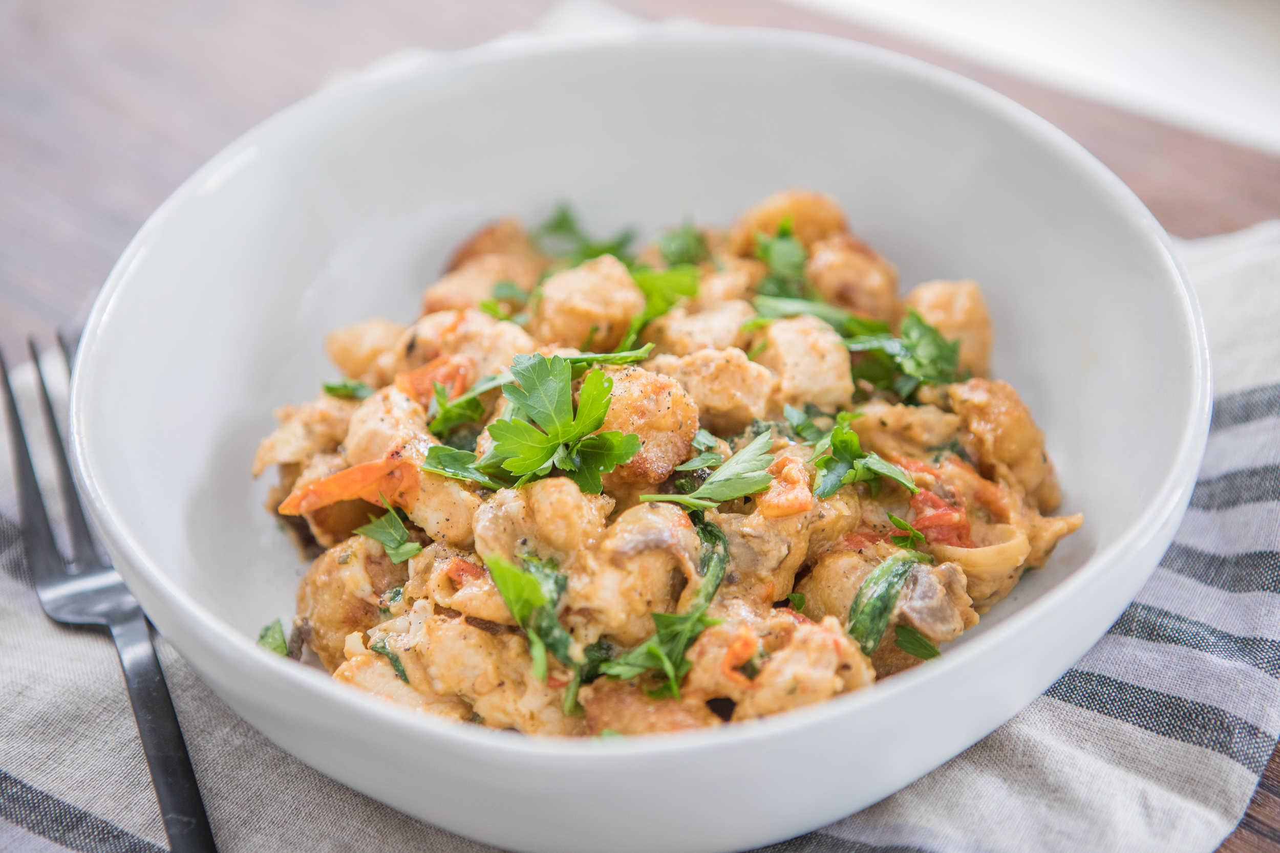 Creamy Chicken With Cauliflower Gnocchi Primal Palate Paleo Recipes